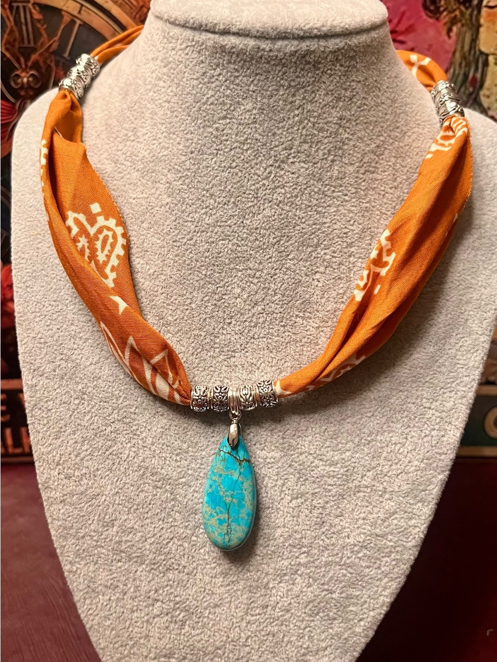 Boho Turquoise Teardrop Pendant Necklace in Orange Bandana